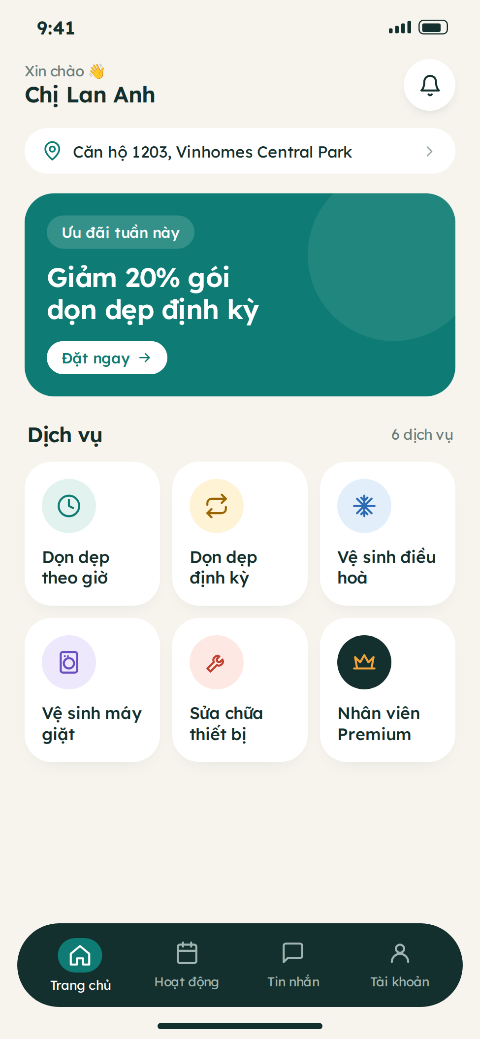Giao diện ứng dụng giúp việc dành cho khách hàng