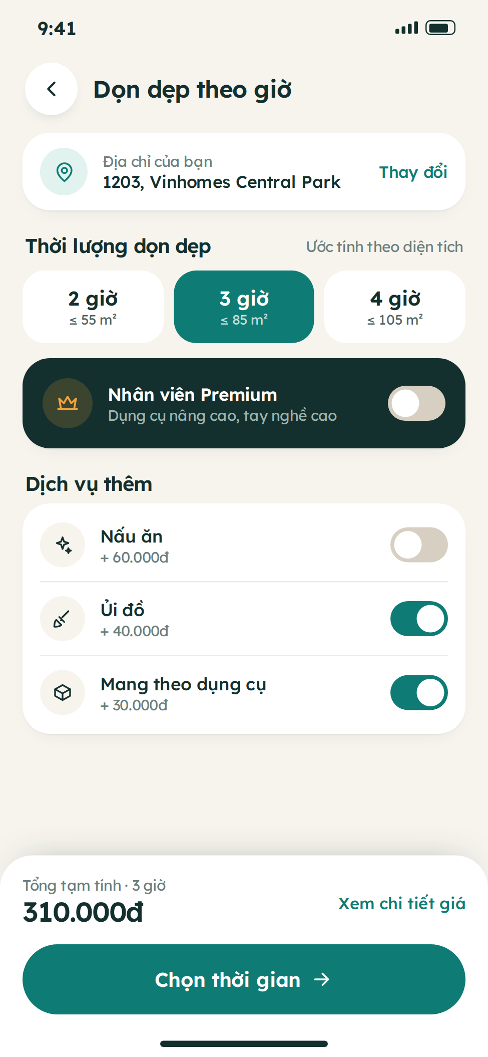 Giao diện đặt lịch dịch vụ giúp việc trên ứng dụng