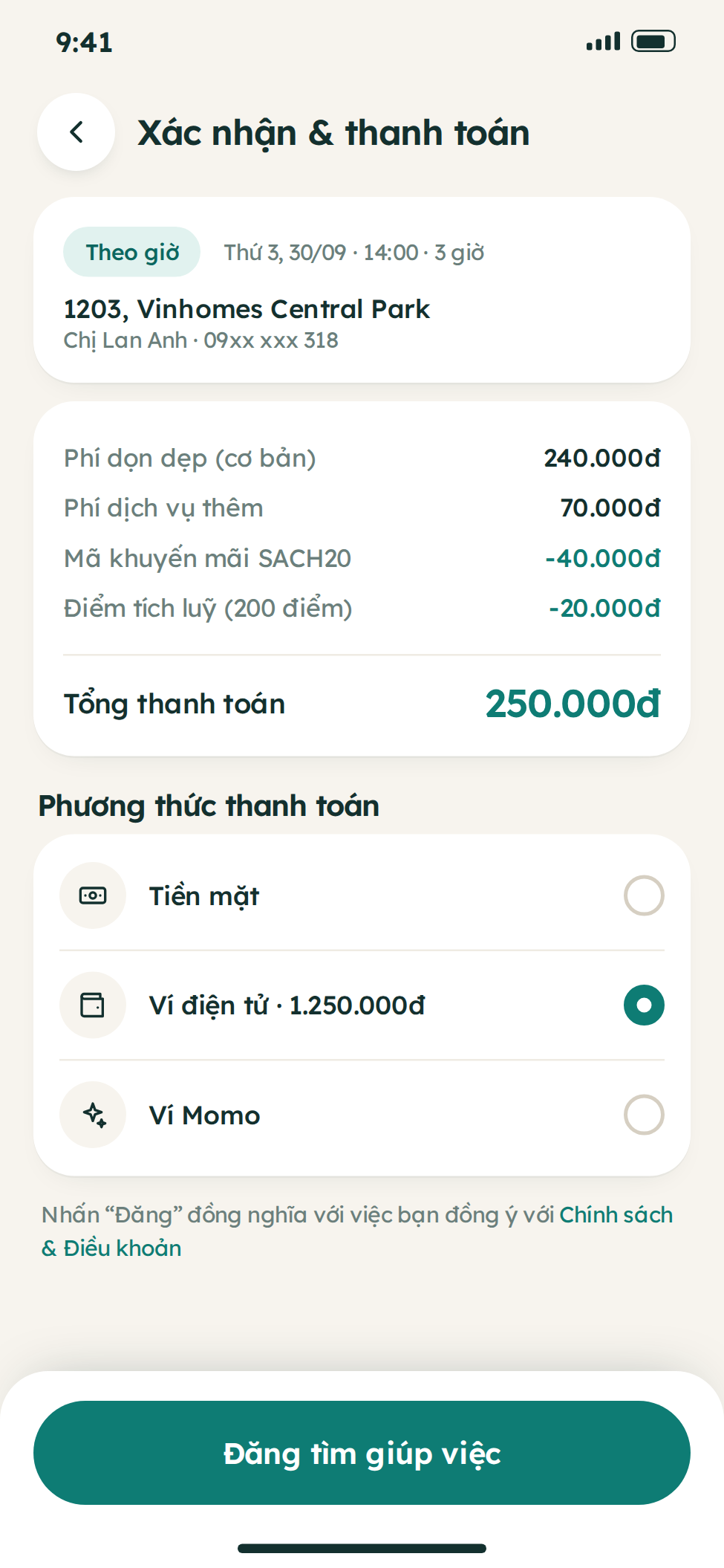 Giao diện thanh toán và xác nhận đơn dịch vụ giúp việc