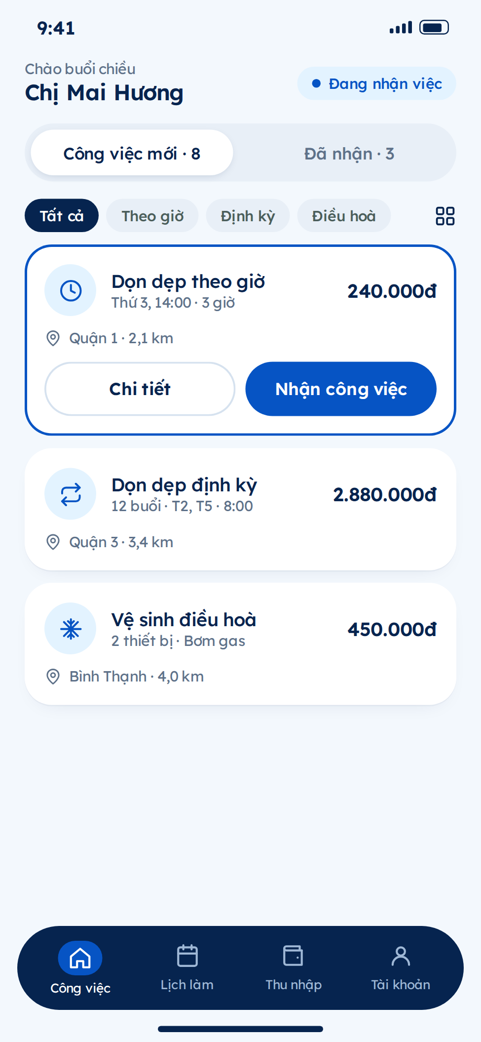 App nhân viên giúp việc xem công việc