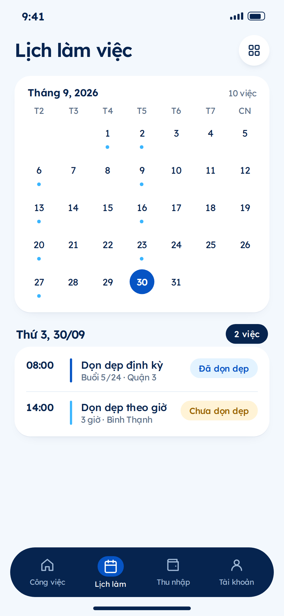 Chi tiết đơn hàng trên app giúp việc