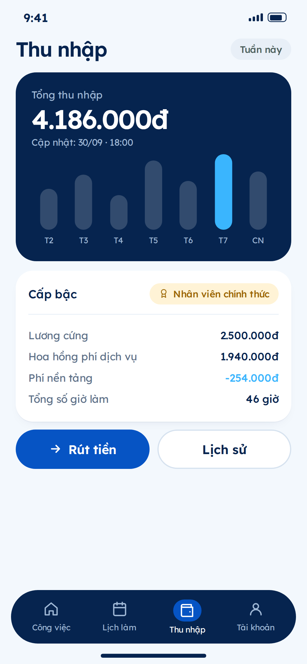 Quản lý thu nhập của nhân viên trên app