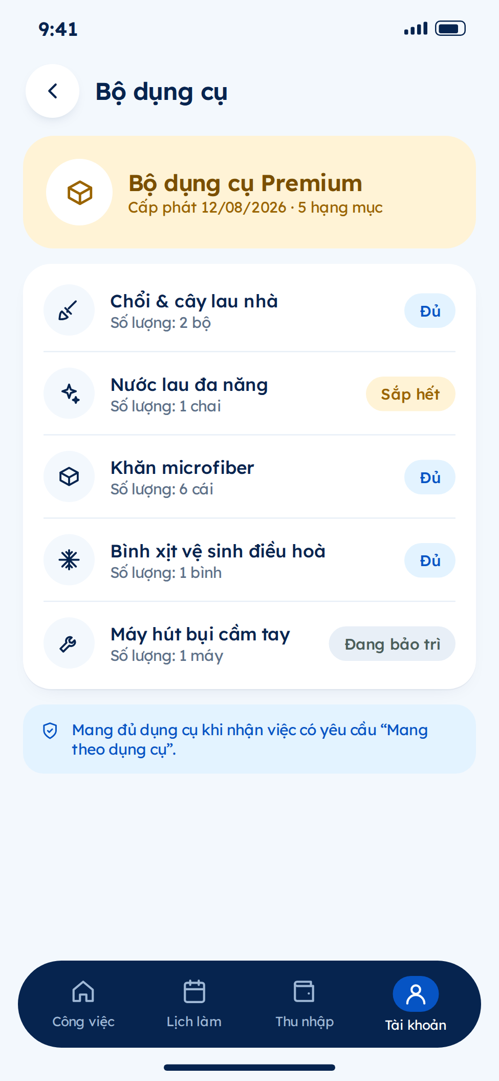 Quản lý dụng cụ và vật tư vệ sinh