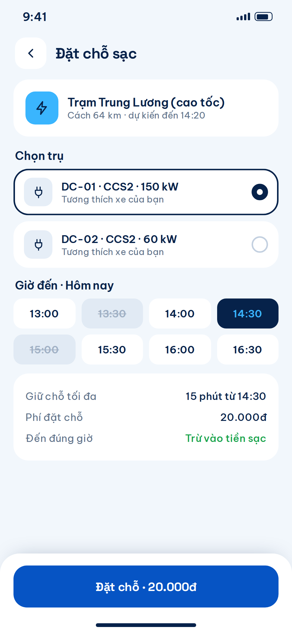 Chức năng đặt chỗ trạm sạc xe điện
